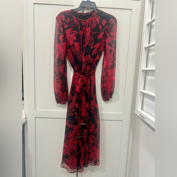 Ted Baker long sleeve Women's red /black Floral Mesh Dress size 0 - Picture 1 of 12